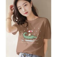 [2.5折价49元]唐狮夏季女圆领前胸鳄鱼图案短袖T恤可爱百搭休闲时髦