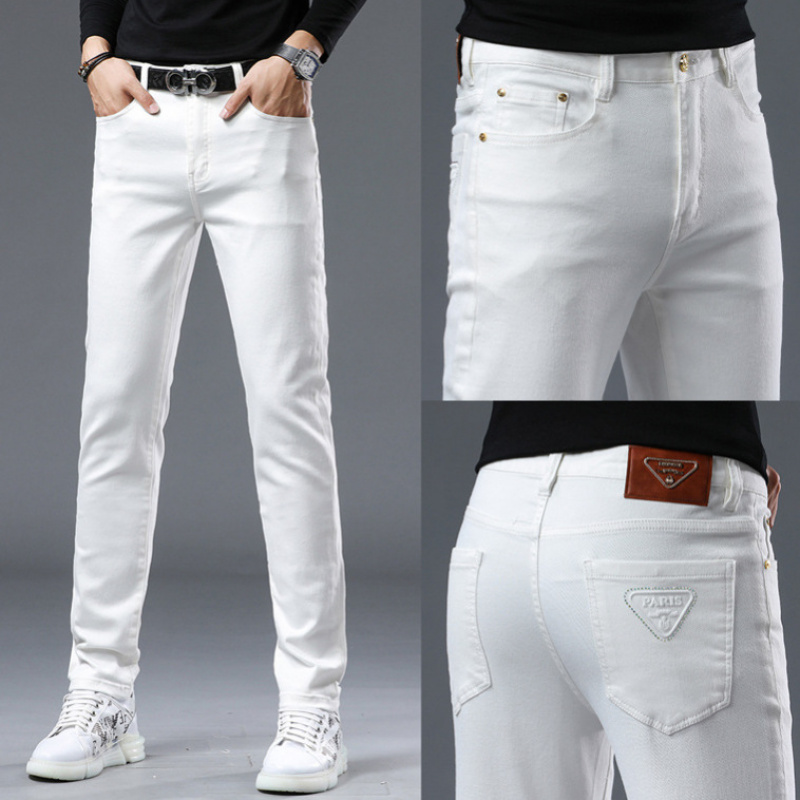 欧美高端潮牌白色牛仔裤男士修身小脚轻奢高级潮流百搭简约裤子