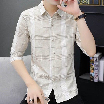 公牛欢腾2020五分袖衬衫男士外套夏季修身休闲中袖条纹短袖衬衣韩版潮帅气寸衫