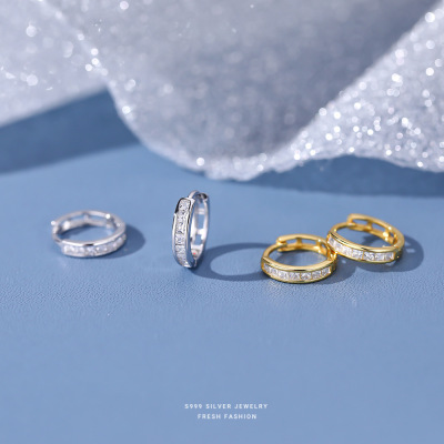 s999足银方形锆石耳扣女轻奢高级感简约小众气质通勤百搭闪亮耳环送女朋友老婆情人节七夕生日礼物