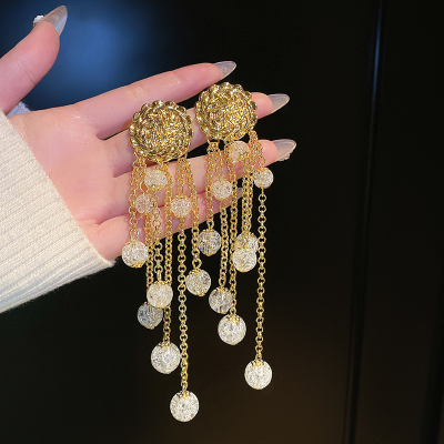 银针水晶花朵流苏耳环小众设计感高级轻奢气质长款耳坠2024新款潮送女朋友老婆情人节七夕生日礼物