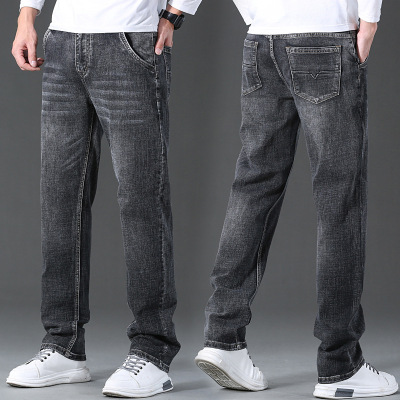 青年胖子宽松直筒阔腿裤春季常规柔软休闲牛仔裤男装水洗磨白长裤