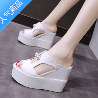 SUNTEK时尚外穿珍珠凉拖鞋女夏超高跟鱼嘴凉鞋10cm内增高松糕坡跟一字拖