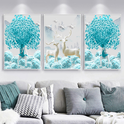 舒厅客厅装饰画北欧发财鹿三联画卧室玄关现代简约床头壁画沙发背景墙挂画酒店壁画发财鹿款J-白框连框70*100cm