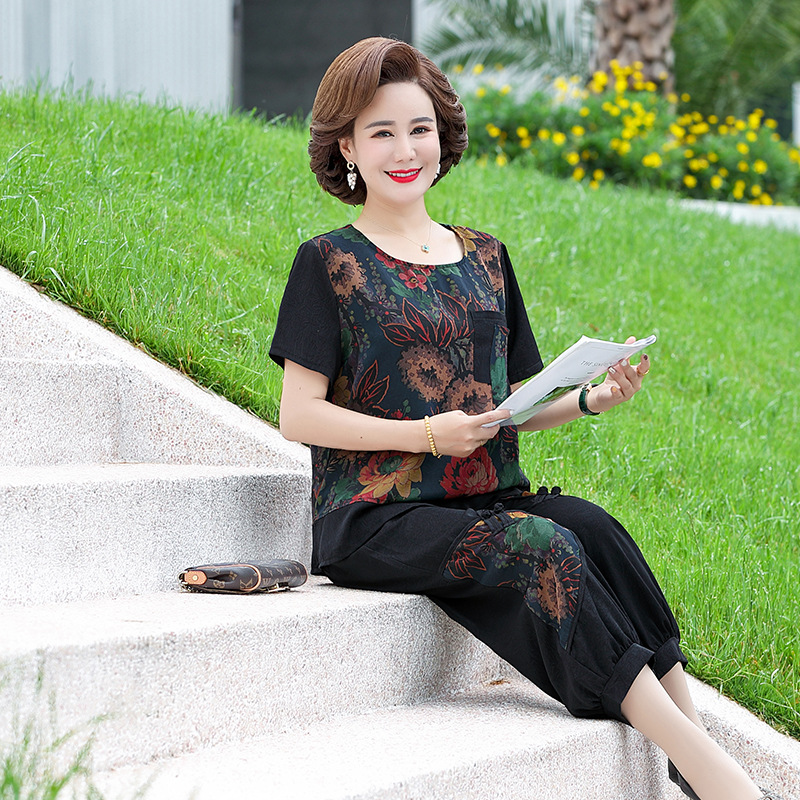 中老年女套装奶奶夏装短袖T恤胖妈妈两件套夏季太太加肥大码衣服