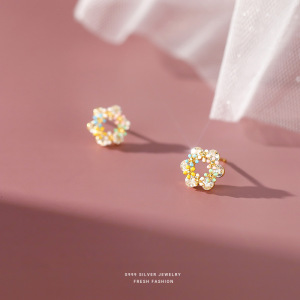 s999足银彩色滴胶花环耳钉女小清新INS风小红书气质甜美耳饰代发送女朋友老婆情人节七夕生日礼物 彩色滴胶耳钉