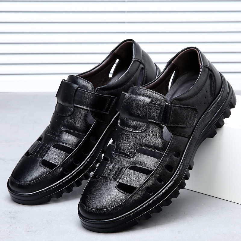 白色牛皮凉皮鞋男款夏季镂空洞洞鞋男士凉鞋真皮透气中老年爸爸鞋