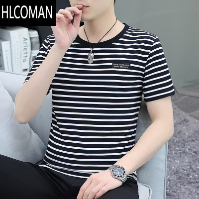 HLCOMAN男装2025新款夏季短袖t恤男士条纹上衣半袖潮流百搭薄款体恤