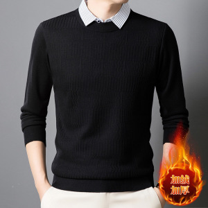 假两件毛衣男加绒加厚冬季新款中年翻领保暖长袖打底男士针织衫_210