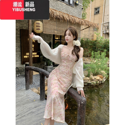 YIBUSHENG蕾丝花边系带碎花吊带连衣裙女季茶歇法式温柔长裙收腰a字裙子