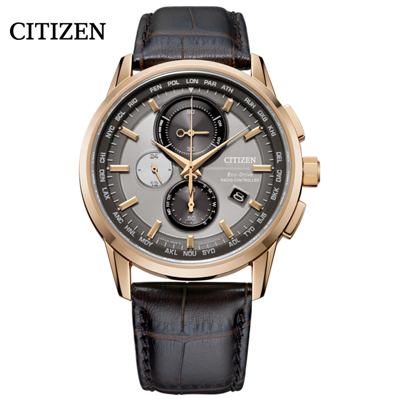 西铁城(citizen) 光能表多局电波皮表带休闲时尚男表光动能at8113-12h