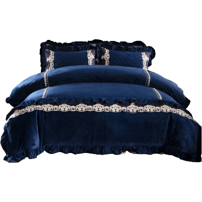美帮汇欧式 床罩床裙四件套珊瑚绒冬季床上加绒加厚花边被套毛绒