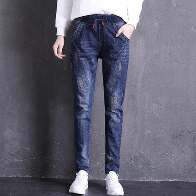 广赫高中初中学生牛仔裤女装春秋季大码宽松紧带少女裤休闲外穿长裤子牛仔裤