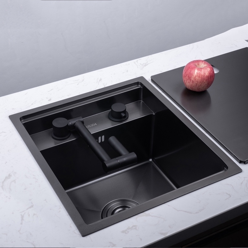 隐藏吧台水槽古达厨房隐形手工单槽带盖小号水盆4mm不锈钢纳米黑
