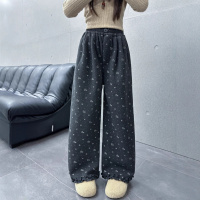 女童加绒裤子秋冬款女孩初中生加厚碎花休闲裤女大童直筒阔腿裤潮