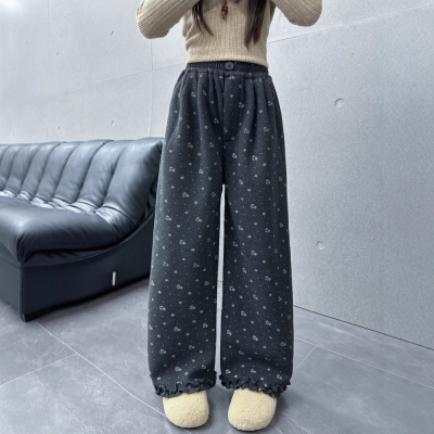 女童加绒裤子秋冬款女孩初中生加厚碎花休闲裤女大童直筒阔腿裤潮
