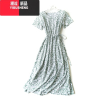 YIBUSHENG季时尚碎花棉绸连衣裙透气凉快大摆裙短袖收腰宽松显瘦绵绸长裙