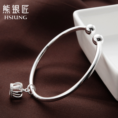 银饰2018新款纯银手镯皇冠手镯韩版女款铃铛开口银镯送女友