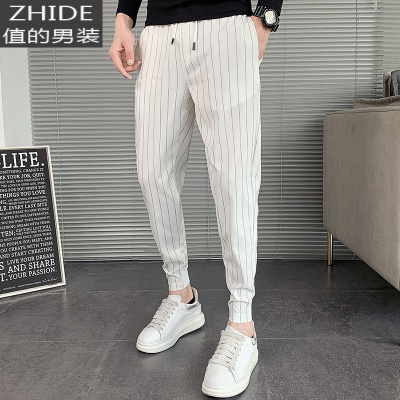 SUNTEK束脚条纹长裤男秋季免烫坠感显瘦小脚哈伦西裤大码修身雅痞休闲裤西裤