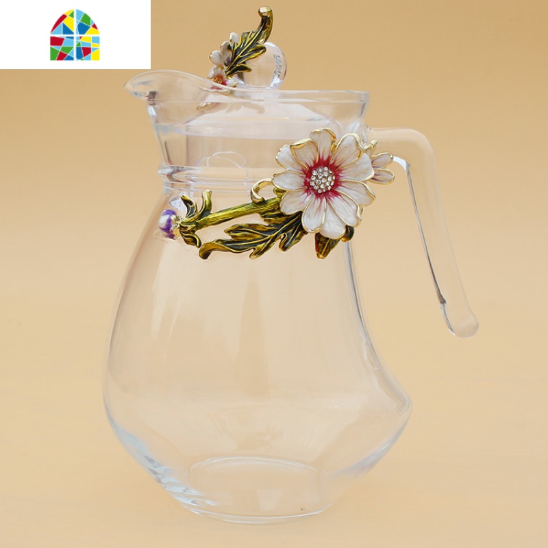 欧式珐琅彩凉水壶家用玻璃茶壶冷水壶家用加厚耐热壶果汁壶 FENGHOU 粉矮百合水壶