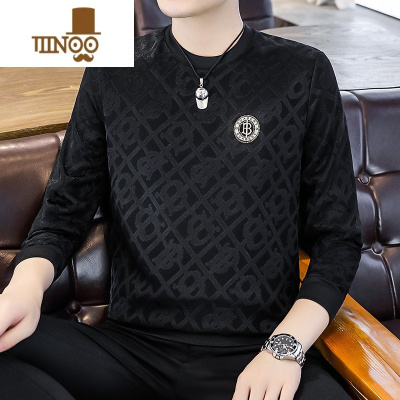 YANXU2023新款早秋圆领提花卫衣男士长袖休闲百搭t恤潮流舒适宽松上衣