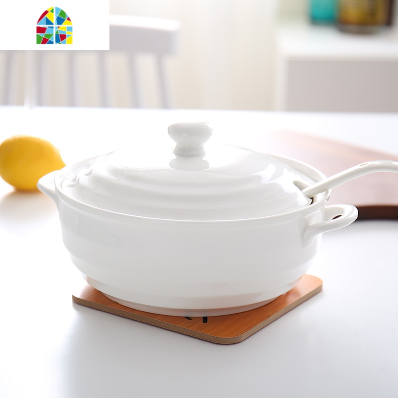 封后送大勺 家用创意双耳陶瓷大号汤碗带盖8英寸纯白汤盆微波炉碗 F 8英寸2200ml深款带勺孔陶瓷盖2200毫升送大勺