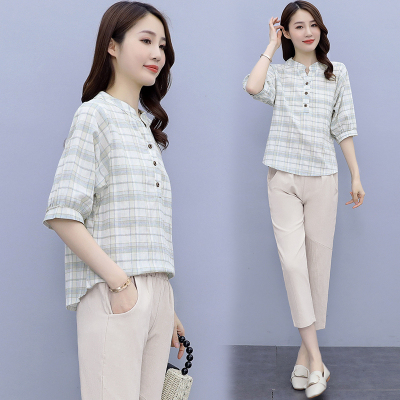 仙依琦2021夏季新款韩版宽松洋气套装女时尚格子上衣休闲裤子两件套3314