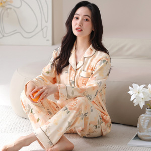 春秋季新款长袖开衫家居服棉质睡衣女款休闲宽松翻领两件套可外穿