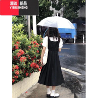 YIBUSHENG学院风小个子连衣裙2024春新款蝴蝶结泡泡袖衬衣+背带裙子套装