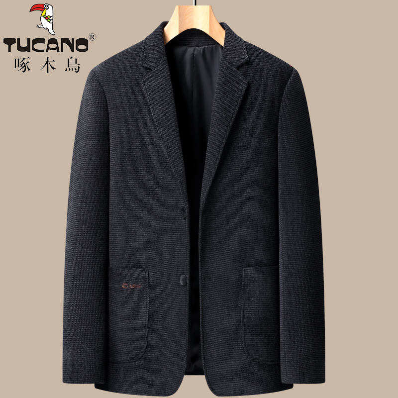 啄木鸟毛呢西装男士爸爸秋装呢子外套秋冬季中老年西服上衣50岁60