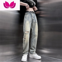 七斓高街侧拉链裤子ins美式复古破洞牛仔裤男士潮牌痞帅直筒裤