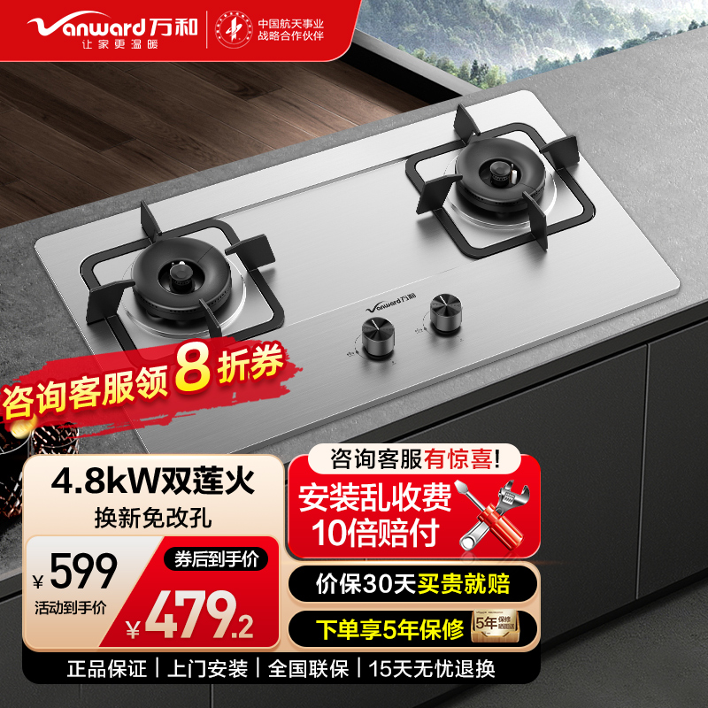 万和4.8kW大火力 家用台式嵌入式燃气灶具 双眼灶 不锈钢 JZY-B9B50(液化气)