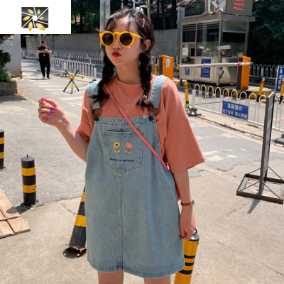 暖青汇大码胖妹妹牛仔背带裙女夏季新款韩版学生宽松200斤中长款连衣裙大码女装