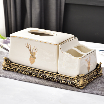 美式客厅家用多功能纸巾盒收纳盒遥控器茶几欧式轻奢风抽纸盒摆件JINGPING金鹿头款