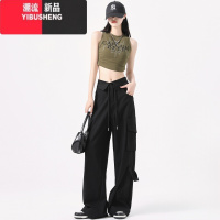 YIBUSHENG军绿色速干工装裤女季薄款高腰休闲美式嘻哈跳舞运动直筒阔腿裤