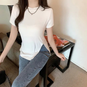 夏季修身侧开叉纯色短袖T恤女网红新款个性圆领打底衫上衣女装ins