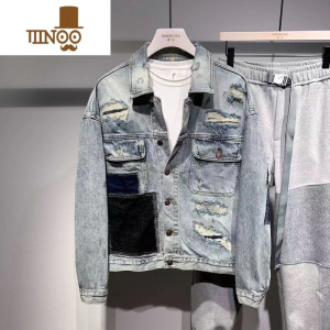 YANXU男生外套潮牌街头拼色破洞牛仔夹克男春季个性水洗做旧男士外套男