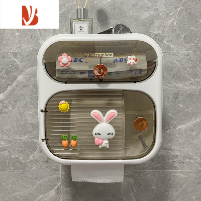 三维工匠卫生间免打孔纸巾盒置物架卡通厕所防水壁挂式浴室卷纸抽纸厕纸盒 双层-雅白-可爱兔