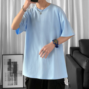 五分袖T恤男纯色简约大码宽松潮流港风24侣装圆领半袖打底衫