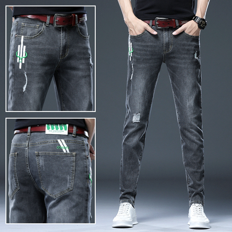 四季款牛仔裤男士潮牌修身小脚潮流2026弹力百搭休闲灰色长裤子男_376