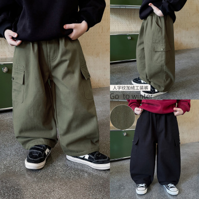 童酷男童冬季新款百搭人字纹宝宝休闲裤纯色加绒儿童工装裤潮