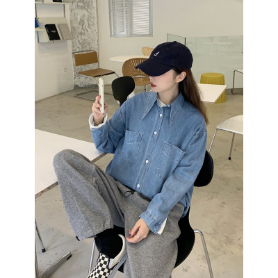 暖青汇复古牛仔衬衫女叠穿长袖冬季韩版宽松百搭休闲衬衣外套衬衫