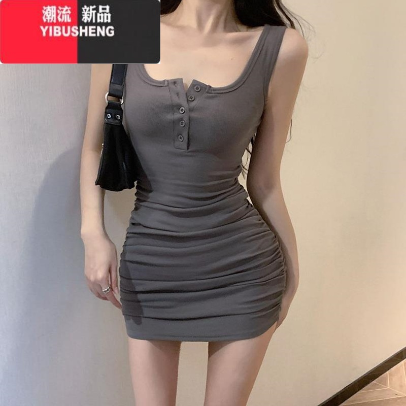 YIBUSHENG御姐风高级感裙子女别致甜辣妹小个子紧身性感V领吊带背心连衣裙