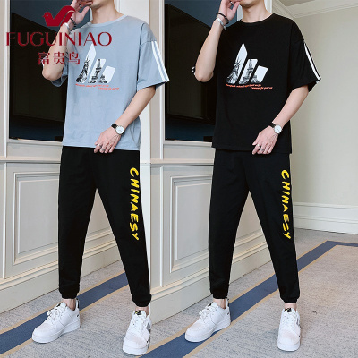 富贵鸟(FUGUINIAO)短袖t恤套装男夏季潮牌宽松休闲九分裤潮流痞帅气一套衣服