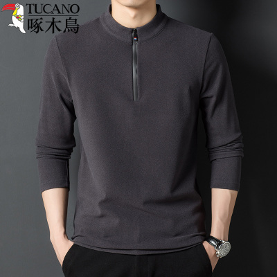 啄木鸟男士秋季打底德绒长袖T恤拉链半高领纯色上衣服休闲体恤衫