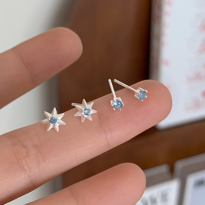 纯银蓝色锆石八芒星耳钉养耳洞小众独特耳骨钉气质耳环高级感送女朋友老婆情人节七夕生日礼物