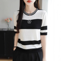 条纹正肩山茶花短袖T恤女夏季25年新款镂空薄款莱塞尔针织上衣