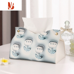 三维工匠家用纸巾盒客厅宿舍餐厅卡通车载纸巾收纳皮革可爱原创抽纸盒高级 浅灰花朵