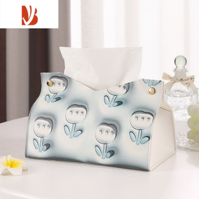 三维工匠家用纸巾盒客厅宿舍餐厅卡通车载纸巾收纳皮革可爱原创抽纸盒高级 浅灰花朵