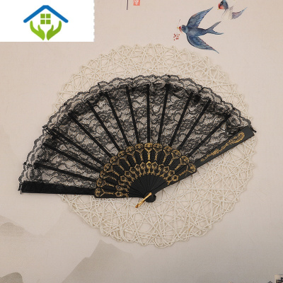 御蓝锦扇子折扇古风女汉服夏季跳舞中国风舞蹈折叠古典装随身流苏小竹扇经典薄纱黑扇（塑料柄）